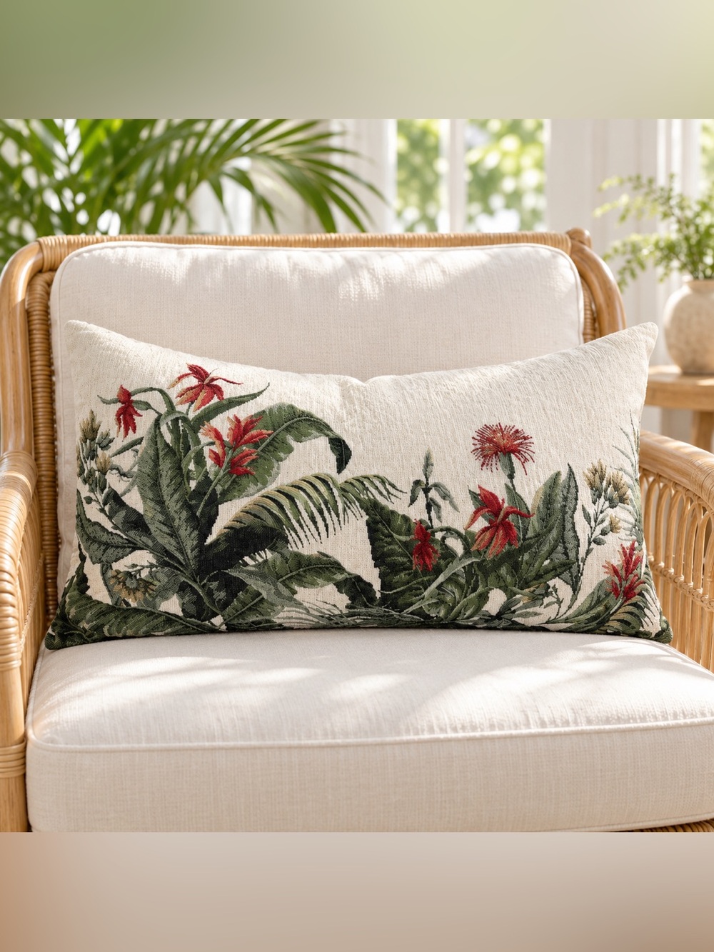 Botanical Floral Lumbar Pillow - Cream with Green & Red Accents soft tapestry.